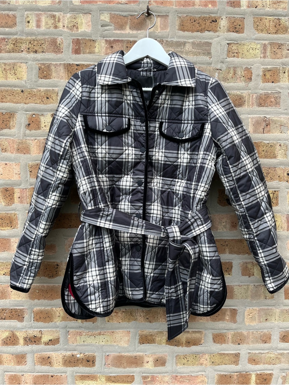 Talbots Plaid Belted Quilted Jacket - Black & White